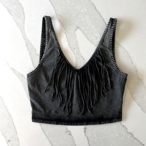 Ecote Gray Crop Top Fringe V-Neck Size S